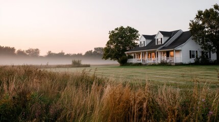 Aufkleber - A cozy cottage glows warmly as golden hour approaches, surrounded by tall grass and wildflowers under a serene peach sky, creating a tranquil atmosphere