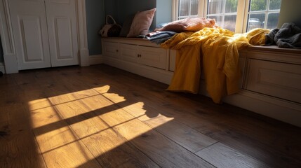 Aufkleber - Natural light brightens a cozy reading nook featuring a cushioned bench with colorful throws and stunning hardwood flooring