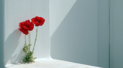 Aufkleber - Red poppies bloom against a whitewashed garden wall, their shadows gently outlining the space, creating a serene atmosphere in midday light