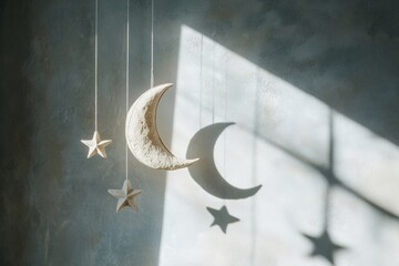 Fototapete - Soft shadows of a moon and stars mobile create a dreamy atmosphere on a wall in a cozy room