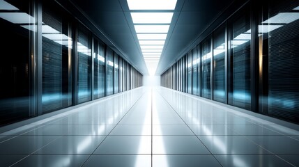 Aufkleber - Endless server racks glow with blue lights while a technician's shadow moves through the bright hallway, creating a stark contrast in the sterile environment