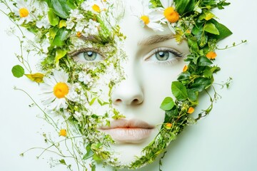 Poster - Human face artfully crafted with lush leaves, petals, and grass creating a natural and harmonious organic composition