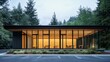 © POV Studio - Modern minimalist contemporary building nestled within lush greenery, featuring large windows and a spacious interior, bathed in soft ambient light