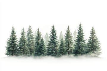 Aufkleber - Evergreen forest shrouded in mist during early morning hours in a serene natural landscape