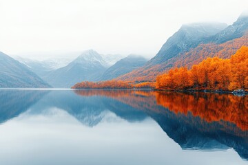 Aufkleber - Autumn landscape reflecting mountains and trees with vibrant orange foliage beside a serene lake under a clear sky