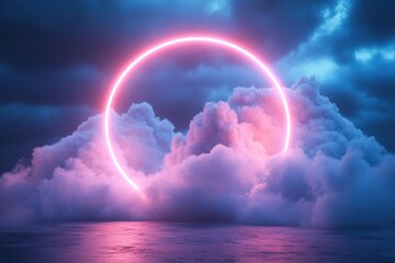 Fototapete - Vibrant pink neon ring emerges from dark clouds over tranquil ocean waters during twilight hour