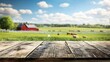 © Artify Shots - A rustic wooden table overlooking a serene farm landscape filled with lush green fields and grazing cows under a bright blue sky with fluffy white clouds
