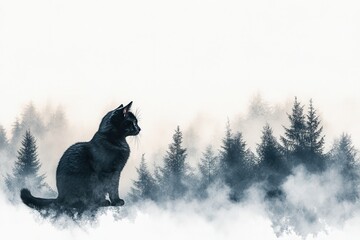 Poster - Black cat sitting in front of a misty forest landscape during early morning light, creating a mysterious and serene atmosphere of nature