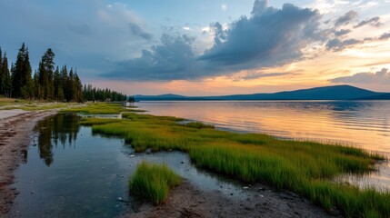 Poster - Serene lake captures vibrant sunset colors mirrored on calm waters with lush vegetation bordering the shore under a cloudy sky, creating a peaceful ambiance