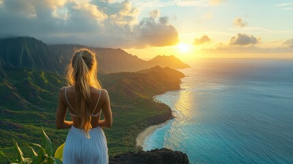 Poster - Woman in flowing dress gazes at sunset over the rocky coastal cliffs during warm evening in scenic Mediterranean location