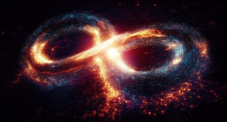 Glowing Infinity Symbol with Binary Code and Swirling Light in a Dark Abstract Digital Illustration