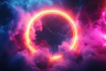 Aufkleber - Vibrant neon circular design surrounded by colorful mist and lightning strikes in a dramatic cosmic landscape at night
