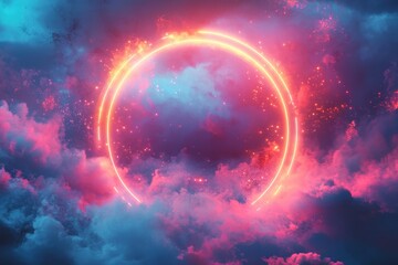 Aufkleber - Vibrant neon circular design surrounded by colorful mist and lightning strikes in a dramatic cosmic landscape at night
