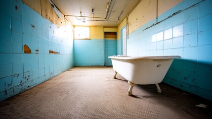 Poster - The abandoned bathroom features a clawfoot tub with a rust-stained drain framed by peeling aqua tiles. A cracked mirror above reflects a hanging bulb
