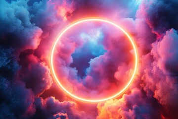 Aufkleber - Vibrant neon circular design surrounded by colorful mist and lightning strikes in a dramatic cosmic landscape at night
