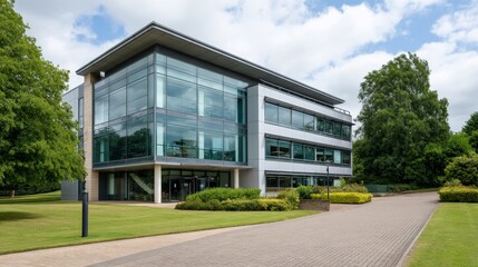 Aufkleber - Modern office building features a sleek mirrored glass facade, set against landscaped garden paths under a bright blue sky, offering a sense of spaciousness
