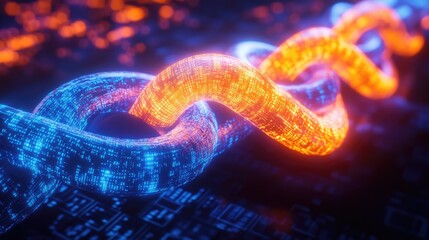 Digital illustration of a glowing blockchain concept with a close-up of a chain made of binary code