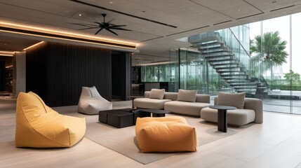 Poster - Wide-angle view captures a modern living room featuring warm lighting, comfortable furniture, and an inviting layout with ample copy space for text