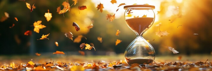 Aufkleber - Hourglass filled with autumn leaves symbolizes the passage of time in a serene outdoor setting during fall