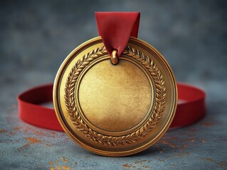 gold medal with red ribbon trophy award for victory and achievement in sports