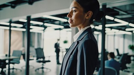 Aufkleber - Young businesswoman in elegant suit stands in profile in a luminous open space office, exuding confidence and professionalism as her colleagues work in the background