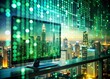 © prapatsorn - Double Exposure: Coding Abstract, Green Code Lines on Cityscape Background