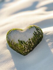 Poster - Heart-shaped mossy stone rests gently on white sand, embodying serenity in natures beauty