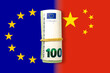 © Tomas Ragina - 100 euros on a China and  EU flags background. China and European Union trade, customs, duty and tariffs war