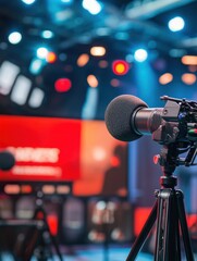 Aufkleber - Live broadcast setup with microphone and breaking news banner captured during a critical news event