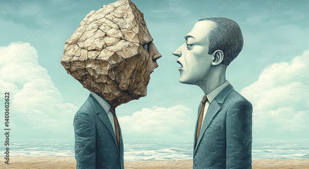 Surreal Communication Struggle Between Rock Head and Suited Man in ...