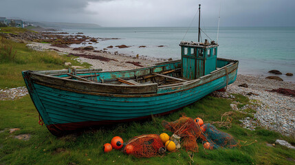 Fototapete - Weathered fishing boat resting on a shore, surrounded by nets and buoys, with a stormy sea in the background