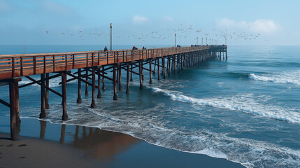 Fototapete - Traditional coastal pier stretching into the ocean, with fishermen casting lines and seabirds circling overhead