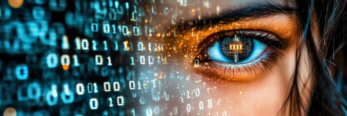 Wall Mural - close-up of woman s eye with binary code overlay, concept of ai , technology, and the future.