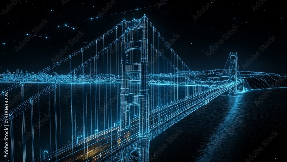 Foto de Stock Digital representation of a iconic bridge at night. A ...