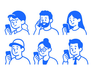 people with smartphone activity doodle cartoon drawing vector illustration set