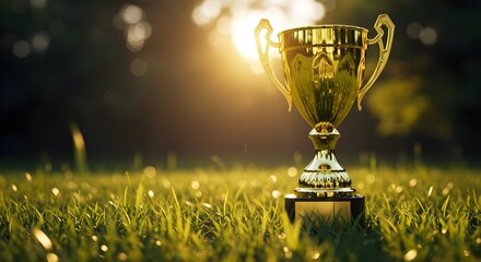 warmly lit golden trophy on green grass with a bokeh background, suggesting winning and success.