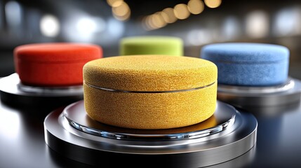 Colorful round fabric covered buttons on metallic bases in modern setting