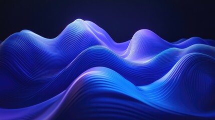 Abstract digital landscape with blue wavy lines converging towards the horizon under a dark