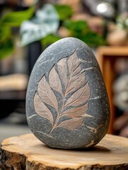 Aufkleber - Carved leaf design on a large stone creates a tranquil natural artwork in a peaceful indoor setting