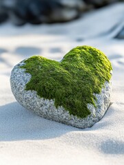 Poster - Heart-shaped mossy stone on white sand evokes serenity and emotion in a tranquil natural setting