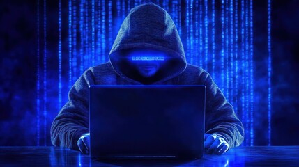 Mysterious hacker working on a laptop in blue light