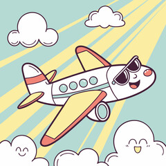 Wall Mural - Cute airplane emoji with sunglasses flying in summer sky