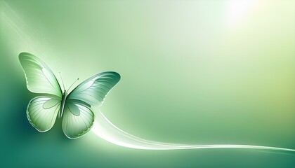 Fototapete - Minimalist pastel green background with illustration butterfly. copy space image.
