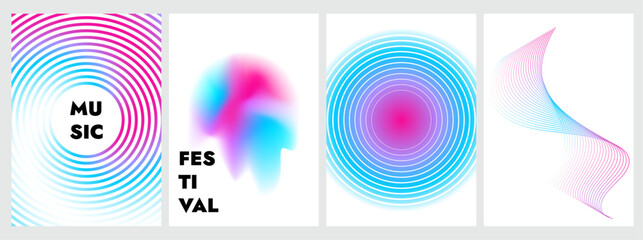 Aufkleber - Music poster vector design set. Abstract cover template with vibrant gradient geometric shape, circle, sound wave on white background with cope space.