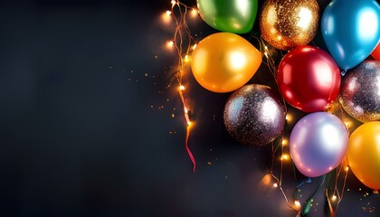 Fototapete - Colorful balloons and decorative lights on an dark background with copy space.