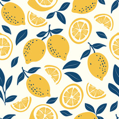  Yellow lemons seamless pattern. Citrus fruits summer background. Vector illustration print for paper, cover.