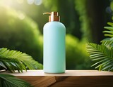 eco friendly shampoo bottle on wooden stand with greenery background cosmetic bottle mockup