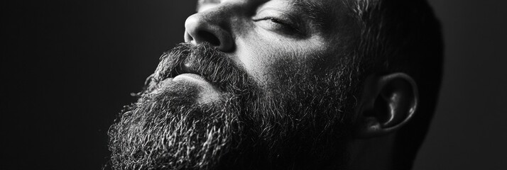 Poster - High-contrast black and white portrait capturing a man with a thick beard illuminated by studio lighting during a creative art session