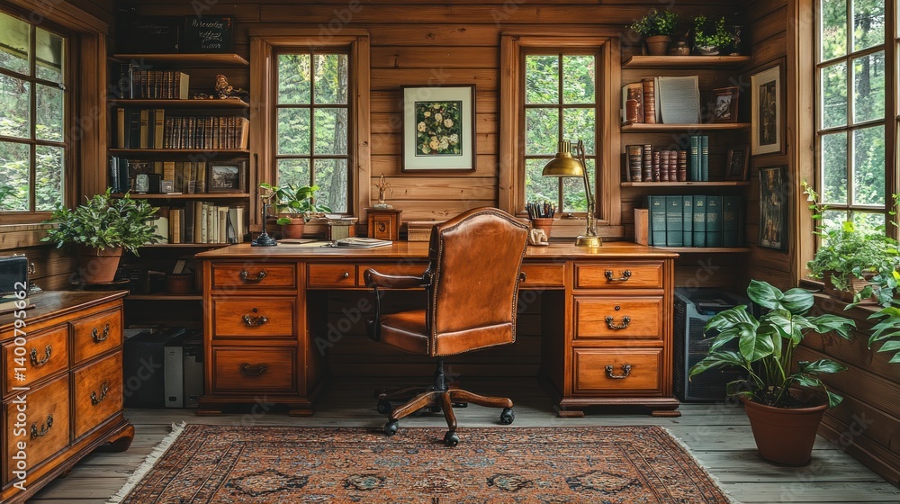 Rustic Wooden Study Room with Bookshelves and Desk Stock Photo | Adobe ...