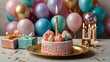 © fotofabrika - Birthday celebration featuring a colorful cake with candles and balloons in a festive setting